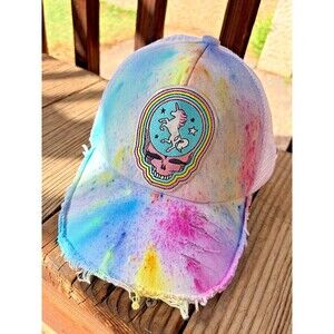hand dyed Grateful Dead pastel unicorn Steal Your Face distressed baseball cap